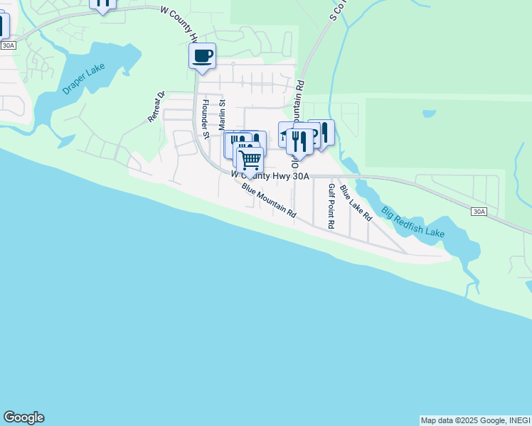 map of restaurants, bars, coffee shops, grocery stores, and more near 209 Blue Mountain Road in Santa Rosa Beach
