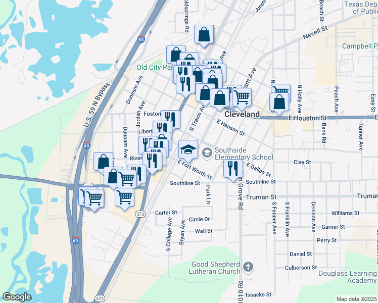 map of restaurants, bars, coffee shops, grocery stores, and more near 108 East Dallas Street in Cleveland