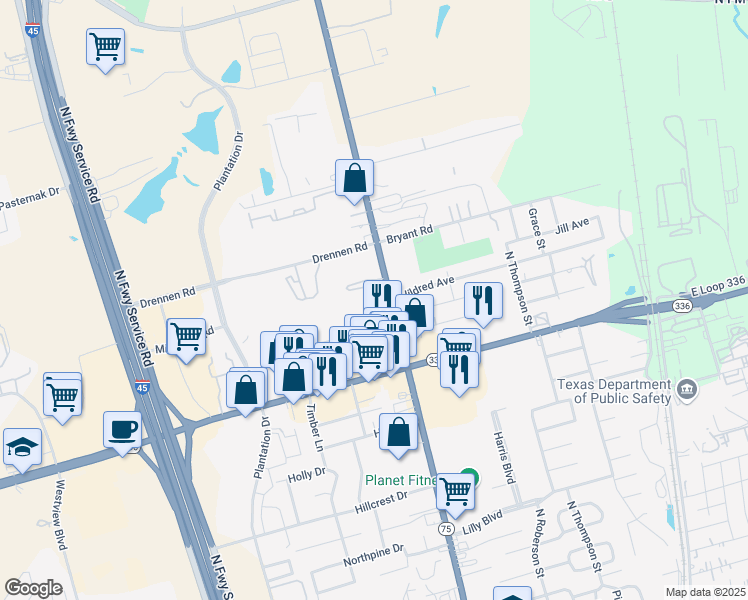 map of restaurants, bars, coffee shops, grocery stores, and more near 2309 North Frazier Street in Conroe