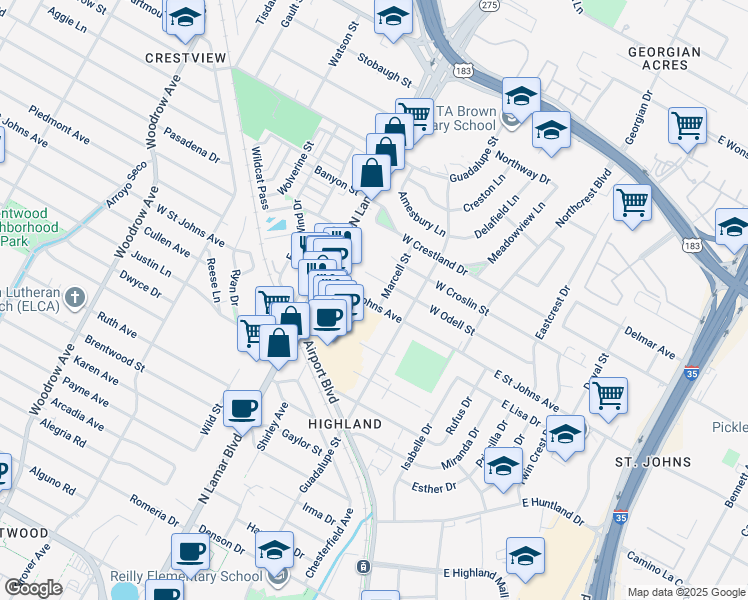 map of restaurants, bars, coffee shops, grocery stores, and more near 620 West Saint Johns Avenue in Austin