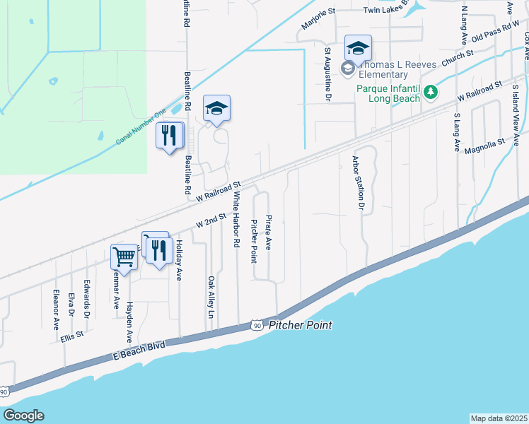 map of restaurants, bars, coffee shops, grocery stores, and more near 124 Pitcher Point in Long Beach