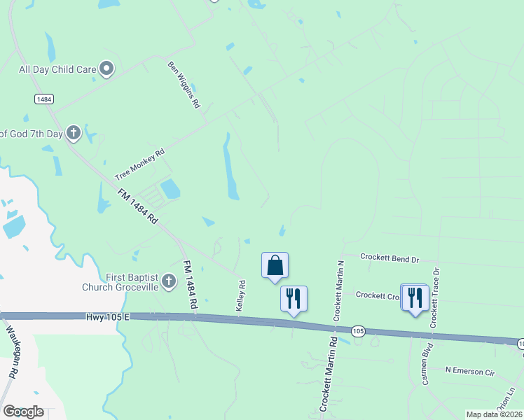 map of restaurants, bars, coffee shops, grocery stores, and more near 15784 Tree Monkey Road in Conroe