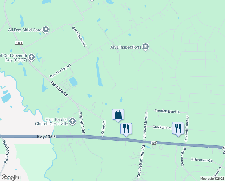 map of restaurants, bars, coffee shops, grocery stores, and more near 15784 Tree Monkey Road in Conroe