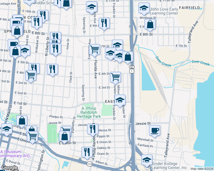 map of restaurants, bars, coffee shops, grocery stores, and more near 1328 Harrison Street in Jacksonville