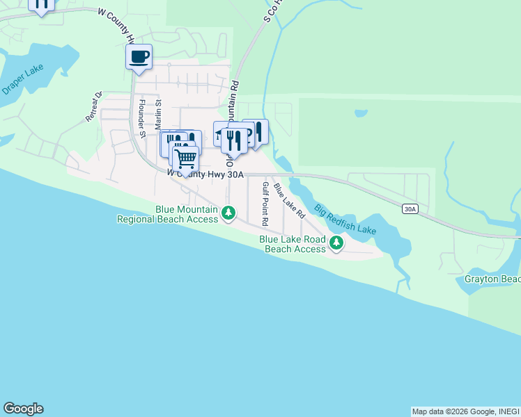 map of restaurants, bars, coffee shops, grocery stores, and more near 98 Gulf Point Road in Santa Rosa Beach