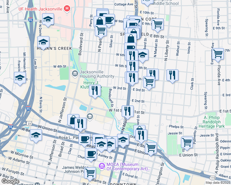 map of restaurants, bars, coffee shops, grocery stores, and more near 1247 Boulevard in Jacksonville