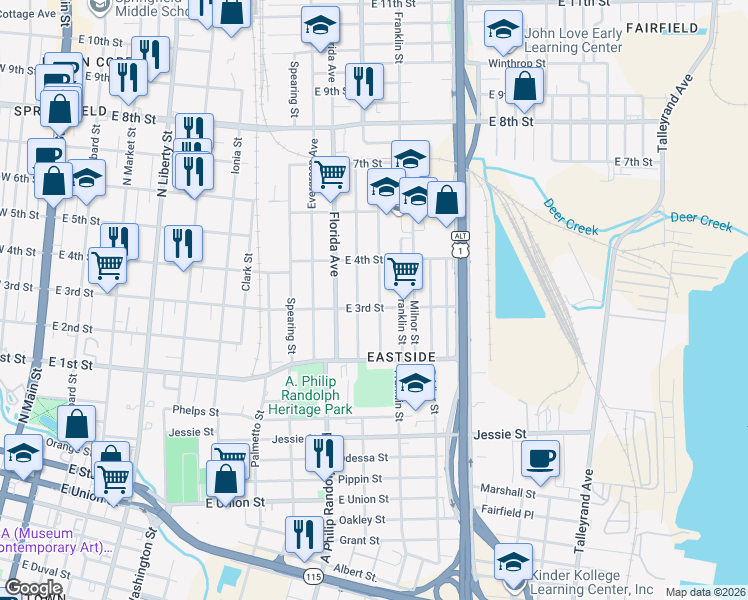 map of restaurants, bars, coffee shops, grocery stores, and more near 1328 Harrison Street in Jacksonville