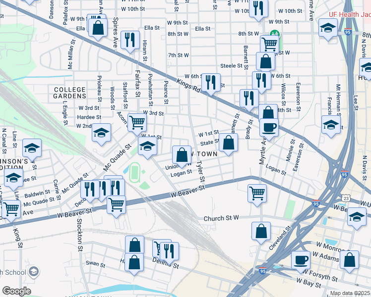 map of restaurants, bars, coffee shops, grocery stores, and more near 1020 Lawrence Street in Jacksonville