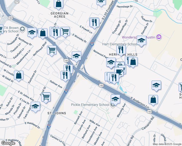 map of restaurants, bars, coffee shops, grocery stores, and more near 844 East Anderson Lane in Austin