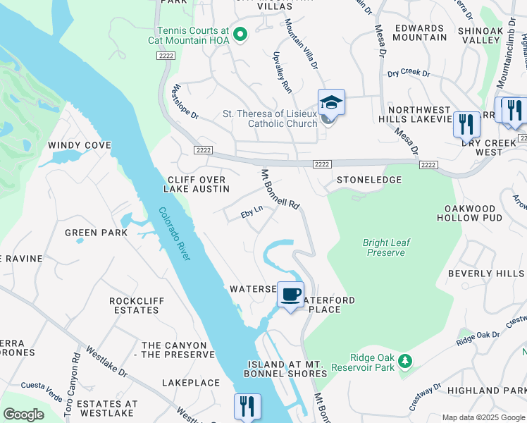 map of restaurants, bars, coffee shops, grocery stores, and more near 4600 Eby Lane in Austin