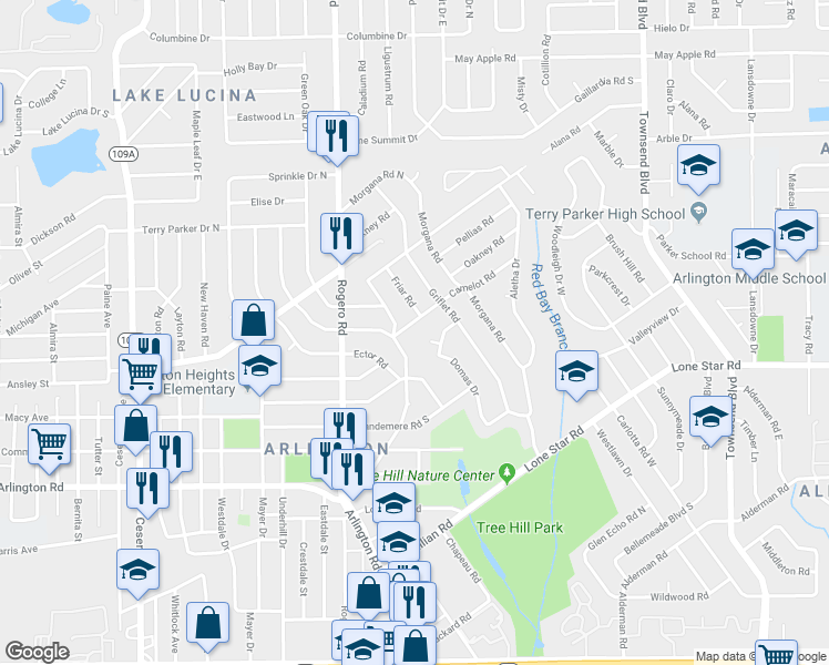 map of restaurants, bars, coffee shops, grocery stores, and more near 6816 Camelot Road in Jacksonville