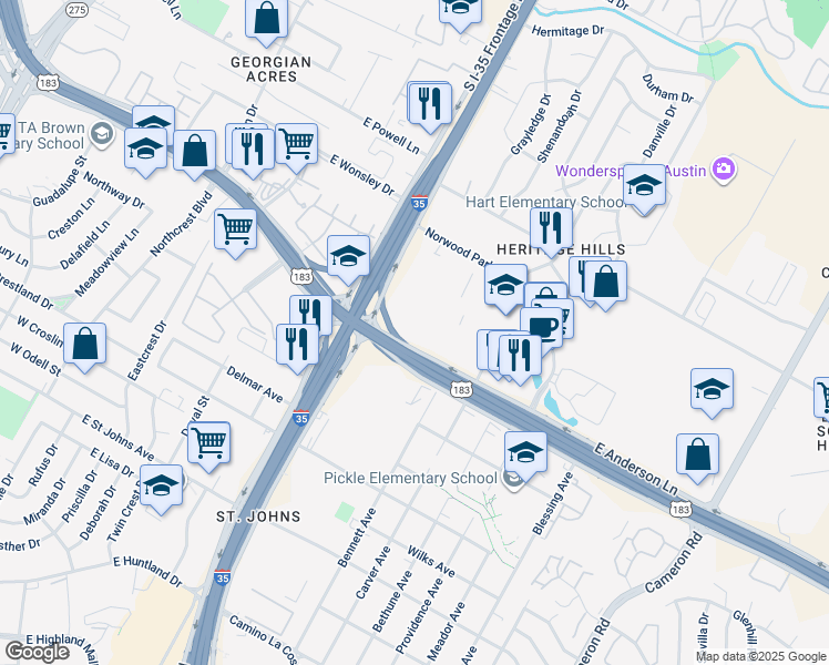 map of restaurants, bars, coffee shops, grocery stores, and more near 850 East Anderson Lane in Austin