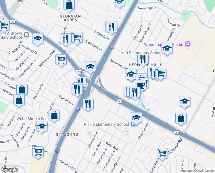 map of restaurants, bars, coffee shops, grocery stores, and more near 850 East Anderson Lane in Austin