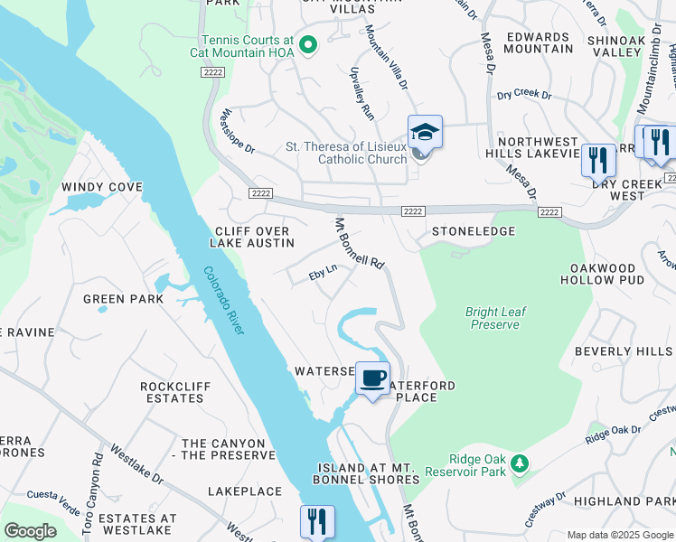 map of restaurants, bars, coffee shops, grocery stores, and more near 4600 Eby Lane in Austin