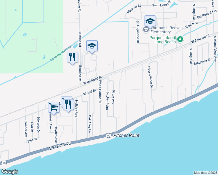 map of restaurants, bars, coffee shops, grocery stores, and more near 124 Pitcher Point in Long Beach