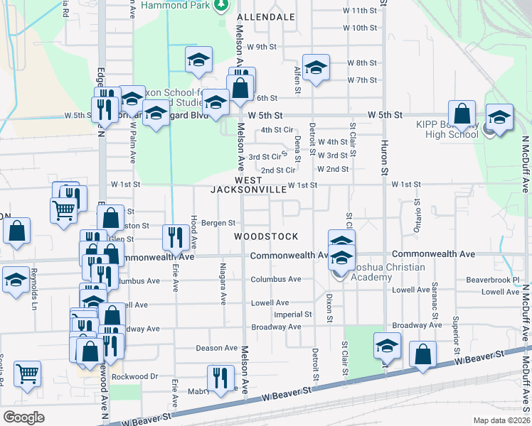 map of restaurants, bars, coffee shops, grocery stores, and more near 1060 Prospect Street in Jacksonville