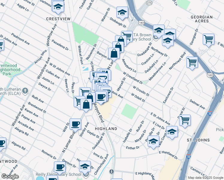 map of restaurants, bars, coffee shops, grocery stores, and more near 620 West Saint Johns Avenue in Austin