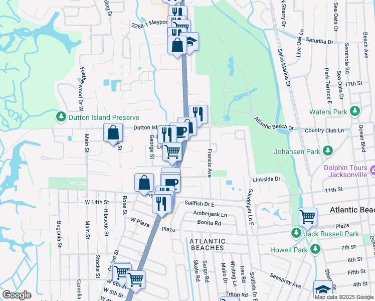 map of restaurants, bars, coffee shops, grocery stores, and more near 30 Simmons Road in Atlantic Beach