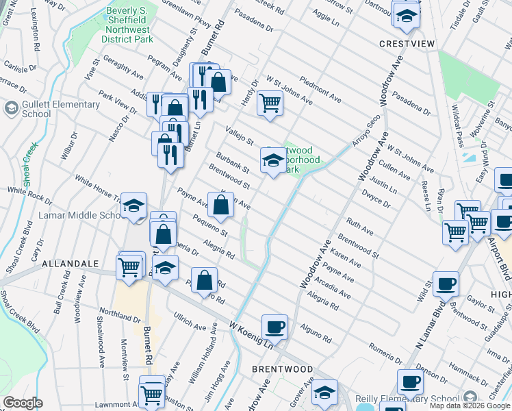 map of restaurants, bars, coffee shops, grocery stores, and more near 1714 Karen Avenue in Austin
