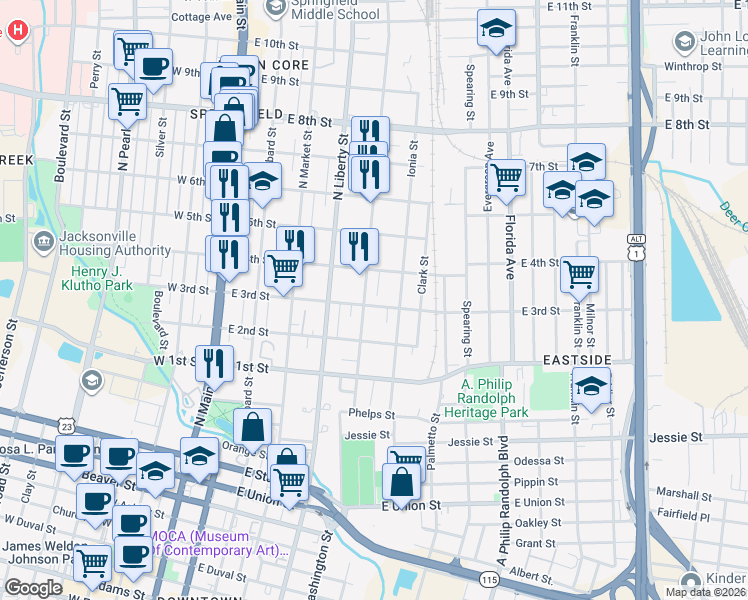 map of restaurants, bars, coffee shops, grocery stores, and more near 415 East 3rd Street in Jacksonville