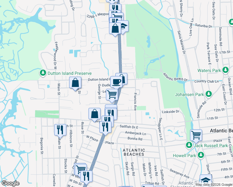 map of restaurants, bars, coffee shops, grocery stores, and more near 1880 Mayport Road in Atlantic Beach