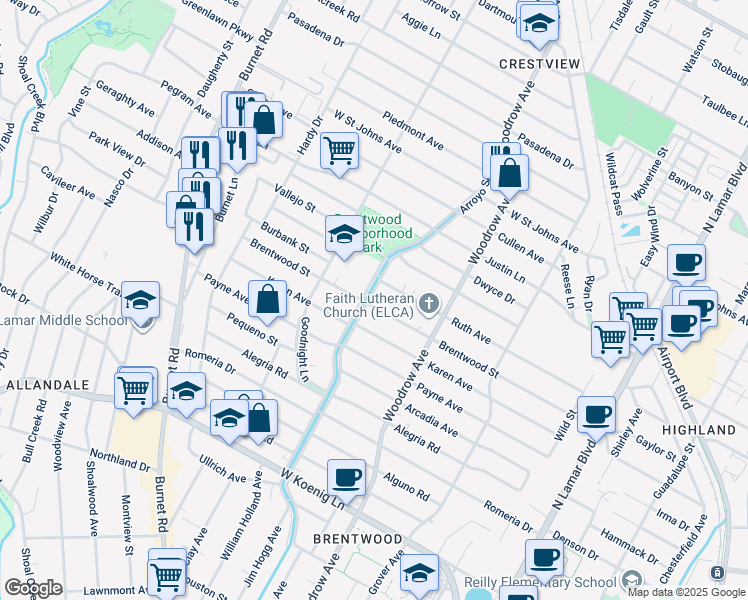 map of restaurants, bars, coffee shops, grocery stores, and more near 1514 Brentwood Street in Austin