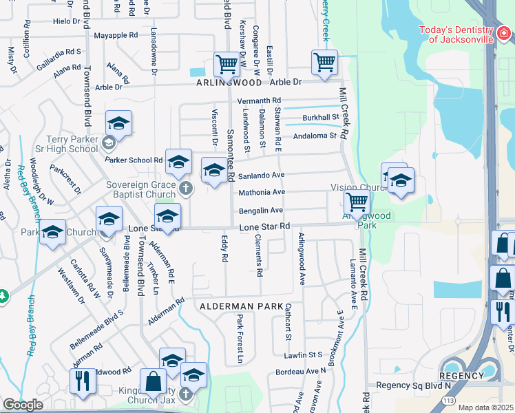 map of restaurants, bars, coffee shops, grocery stores, and more near 8327 Bengalin Avenue in Jacksonville