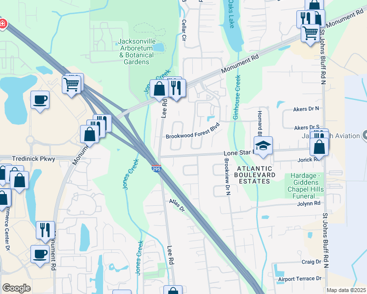 map of restaurants, bars, coffee shops, grocery stores, and more near 1115 Romaine Circle East in Jacksonville