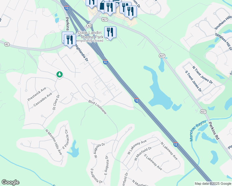 map of restaurants, bars, coffee shops, grocery stores, and more near 737 Highlandia Drive in Baton Rouge