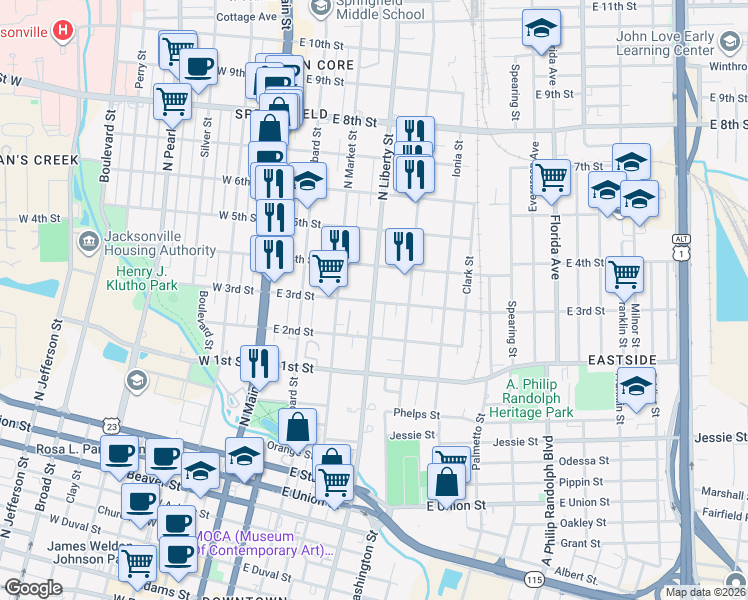 map of restaurants, bars, coffee shops, grocery stores, and more near 311 East 3rd Street in Jacksonville