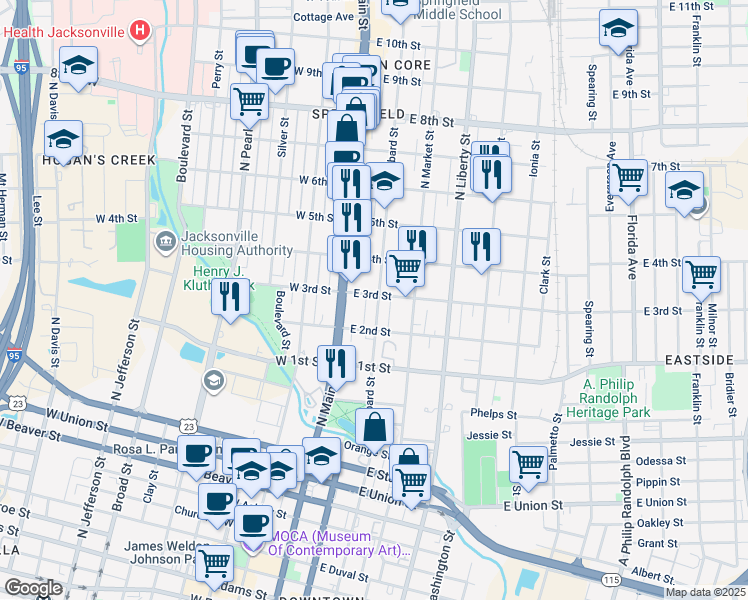 map of restaurants, bars, coffee shops, grocery stores, and more near 1255 North Main Street in Jacksonville