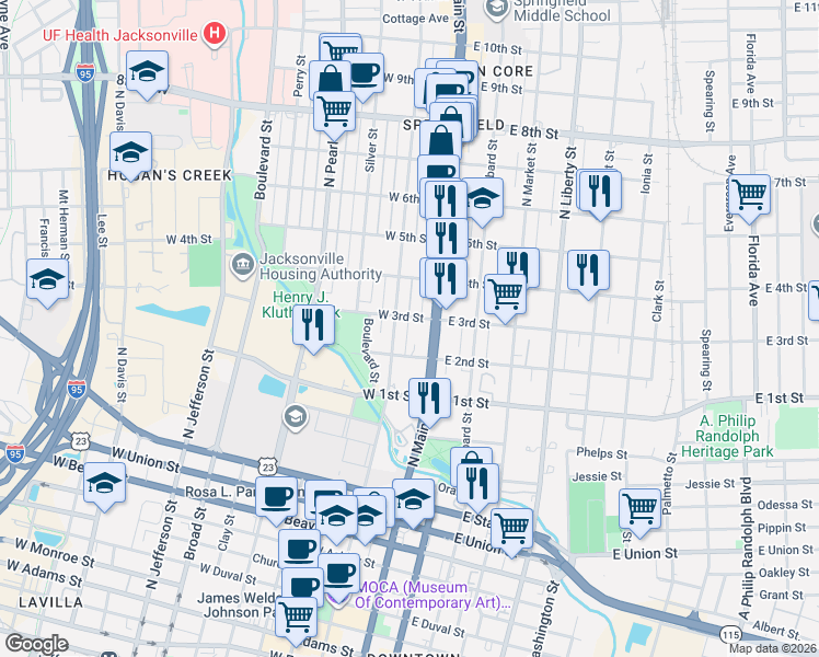 map of restaurants, bars, coffee shops, grocery stores, and more near 28 West 3rd Street in Jacksonville