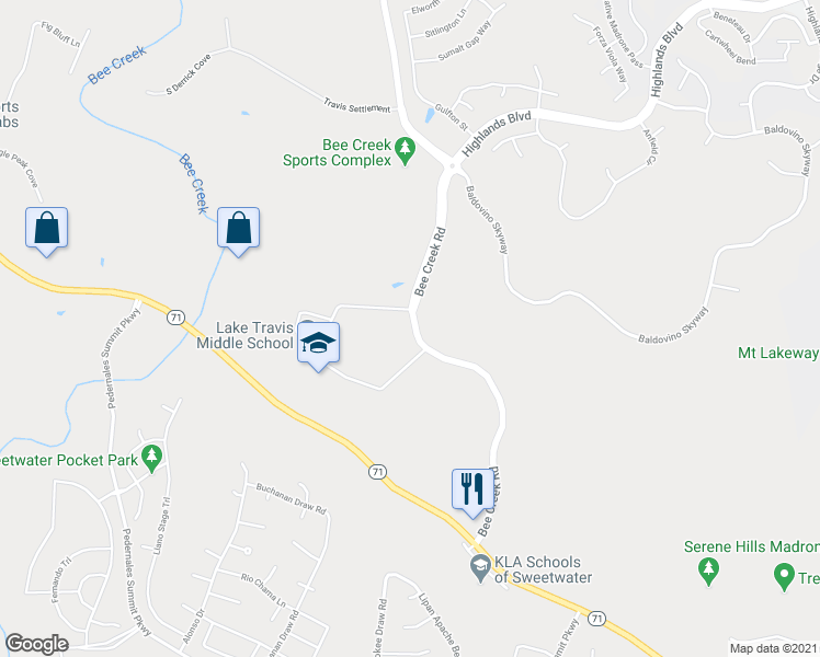 map of restaurants, bars, coffee shops, grocery stores, and more near 4900 Bee Creek Road in Spicewood