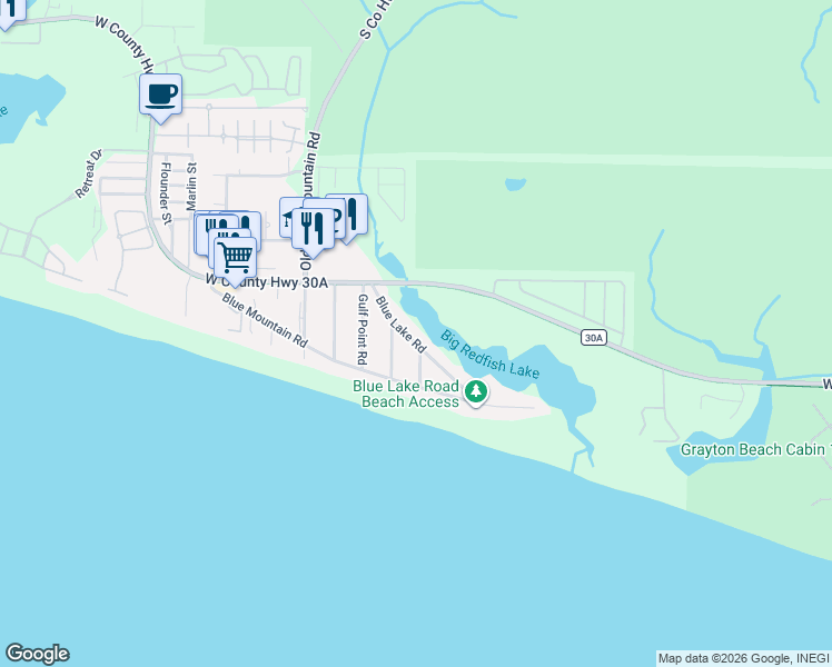 map of restaurants, bars, coffee shops, grocery stores, and more near 171 Blue Lake Road in Santa Rosa Beach