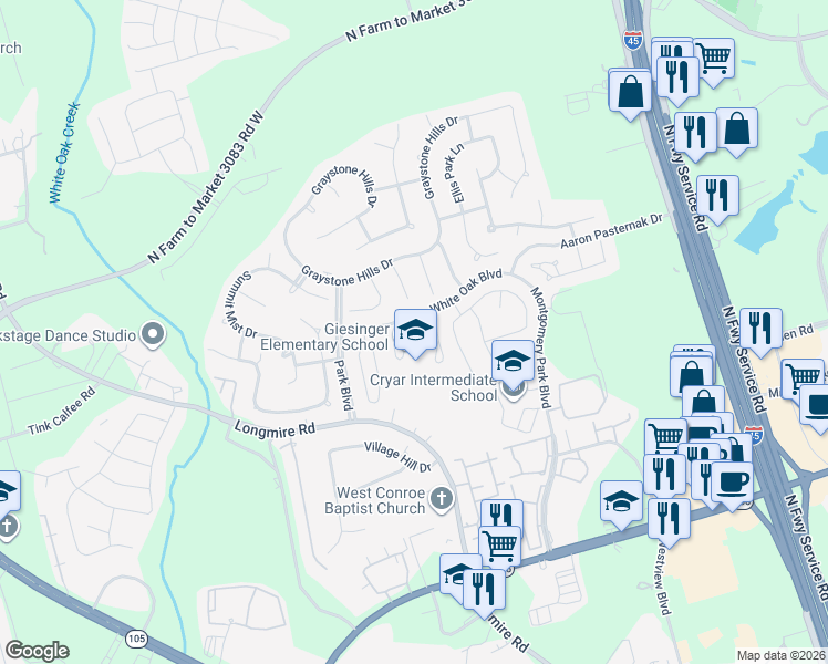 map of restaurants, bars, coffee shops, grocery stores, and more near 2323 White Oak Boulevard in Conroe
