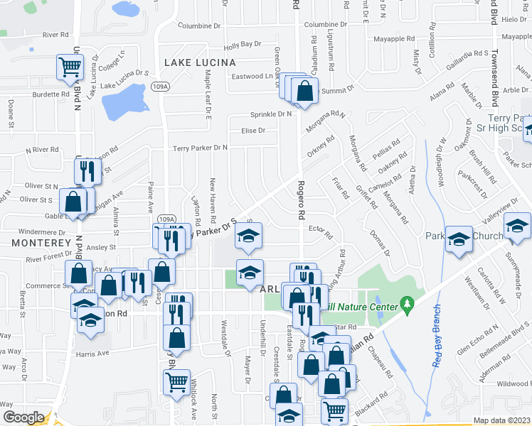 map of restaurants, bars, coffee shops, grocery stores, and more near 6514 Ector Road in Jacksonville