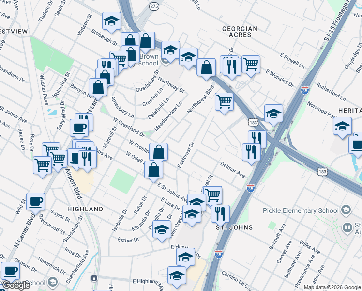 map of restaurants, bars, coffee shops, grocery stores, and more near 7503 Carriage Drive in Austin
