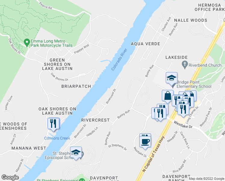 map of restaurants, bars, coffee shops, grocery stores, and more near 3600 Rivercrest Drive in Austin