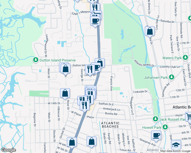 map of restaurants, bars, coffee shops, grocery stores, and more near 1880 Mayport Road in Atlantic Beach