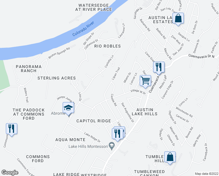 map of restaurants, bars, coffee shops, grocery stores, and more near 1301 Lipan Trail in Austin