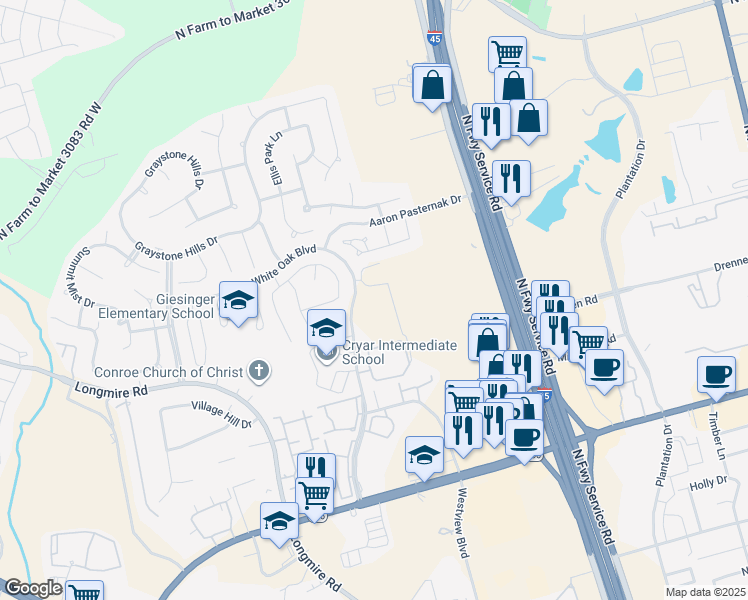 map of restaurants, bars, coffee shops, grocery stores, and more near 2414 Springwood Glen Ln in Conroe