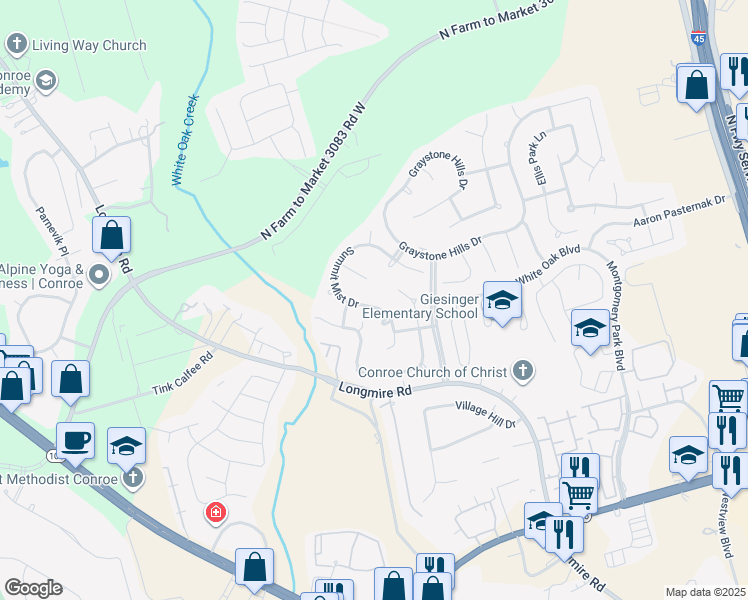 map of restaurants, bars, coffee shops, grocery stores, and more near 2153 Summit Mist Drive in Conroe