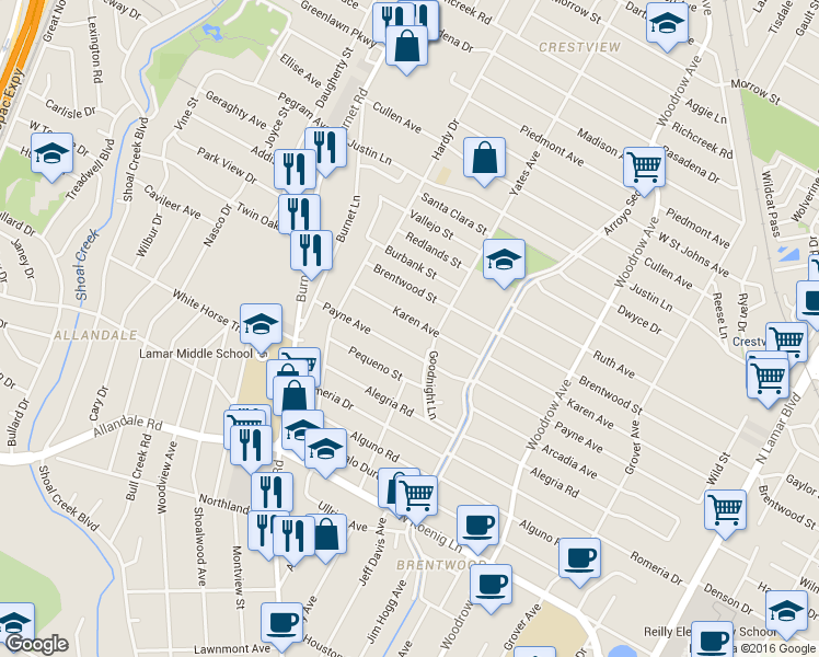 map of restaurants, bars, coffee shops, grocery stores, and more near 1915 Karen Avenue in Austin