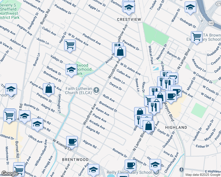 map of restaurants, bars, coffee shops, grocery stores, and more near 1306 Choquette Drive in Austin