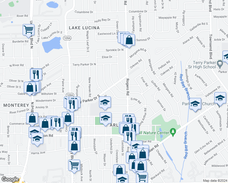 map of restaurants, bars, coffee shops, grocery stores, and more near 6515 Ector Road in Jacksonville