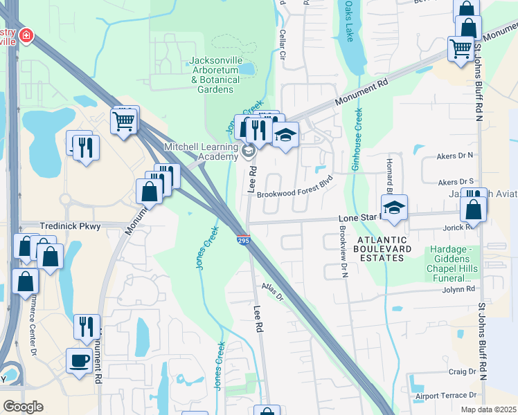 map of restaurants, bars, coffee shops, grocery stores, and more near 1120 West Romaine Circle in Jacksonville