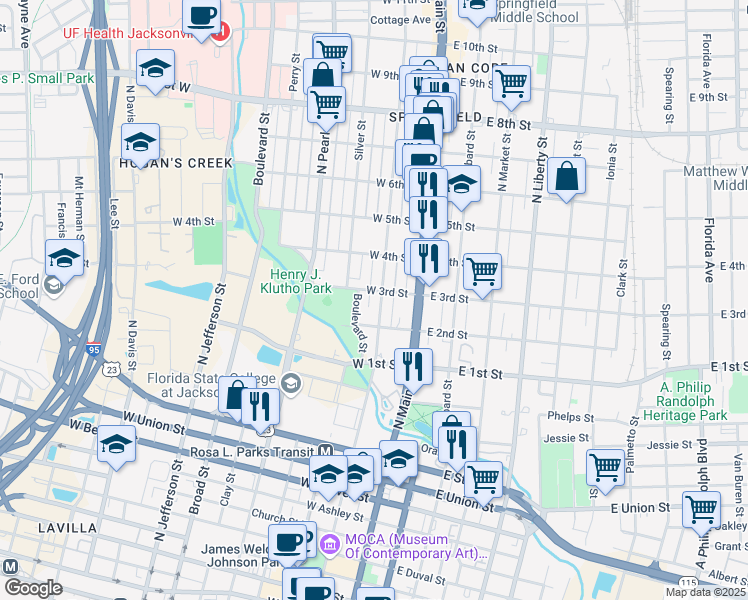 map of restaurants, bars, coffee shops, grocery stores, and more near 1247 Boulevard in Jacksonville