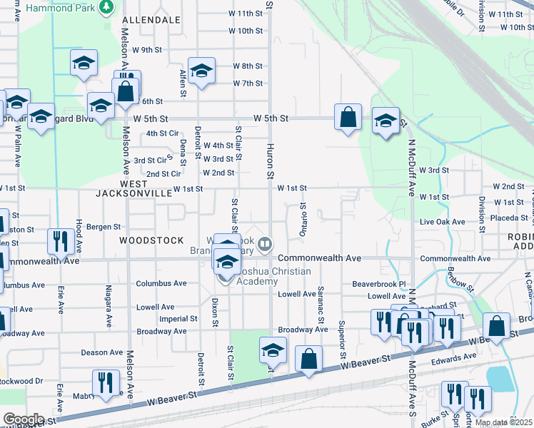 map of restaurants, bars, coffee shops, grocery stores, and more near 1066 Huron Street in Jacksonville