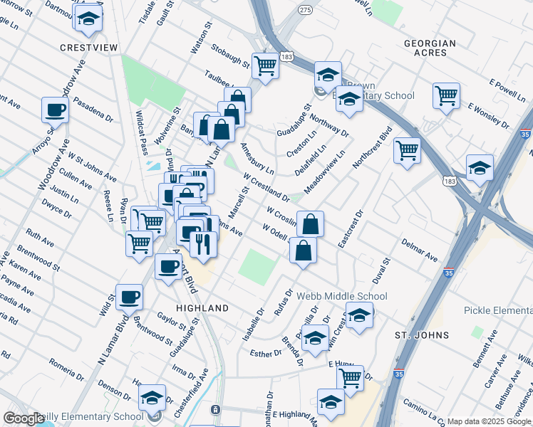 map of restaurants, bars, coffee shops, grocery stores, and more near 511 West Croslin Street in Austin