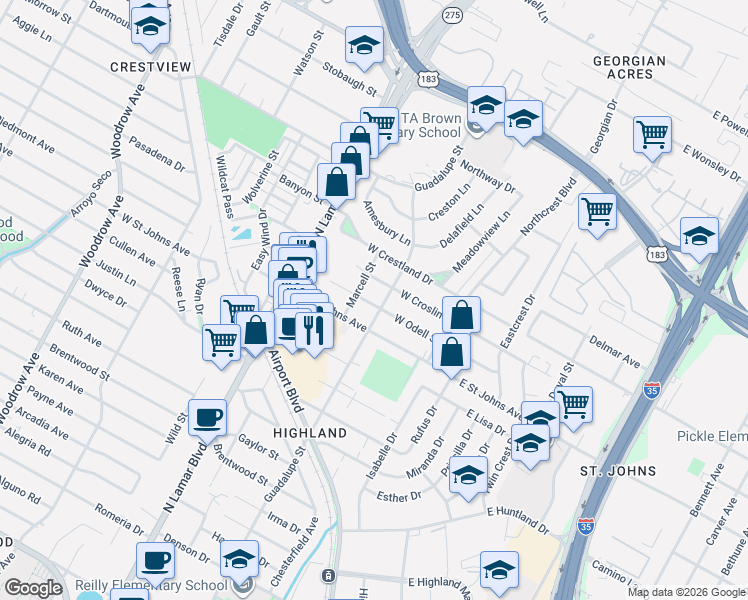 map of restaurants, bars, coffee shops, grocery stores, and more near 606 West Odell Street in Austin